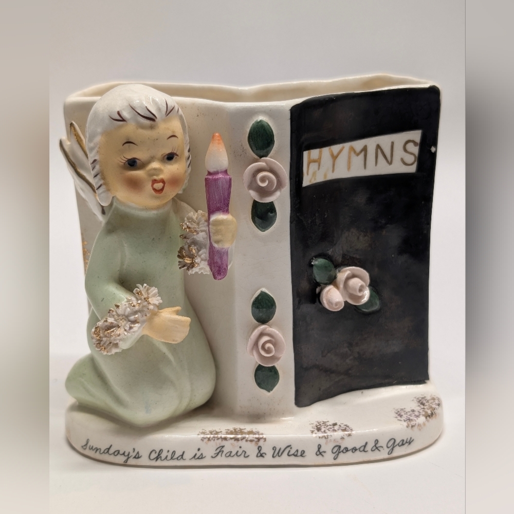 Vintage Ceramic Hymns Book Figurine Planter in Mint Green